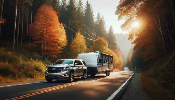 SUV pulling a trailer through a forest road in autumn