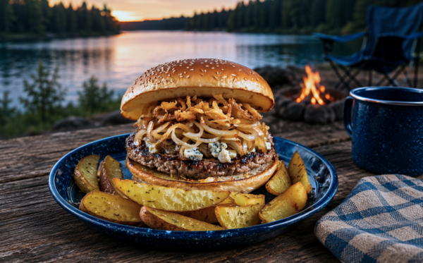 Campfire burger with caramelized onions and potato wedges at a lakeside campsite